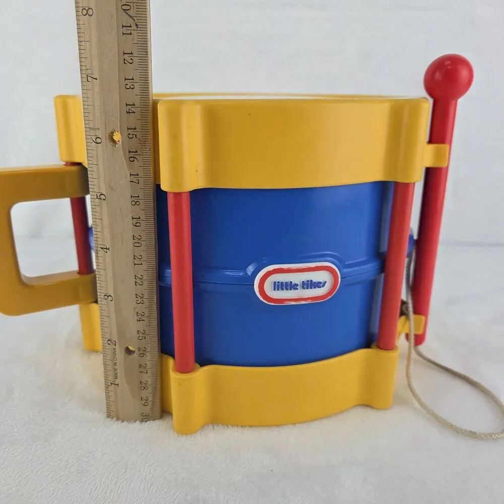 Vintage Little Tikes Rhythm Drum Turn Crank Drumstick Music Blue Yellow Red Toy